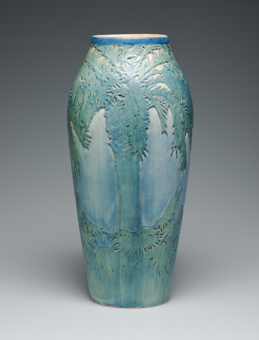 'Women, Art, & Social Change,' a traveling exhibition organized by the Newcomb Art Gallery, unites the famous art pottery, such as this exquisite palm vase by an unknown decorator, with the textiles and metalwork created by women at the college. Courtesy Newcomb Art Gallery; collection of Don Fuson.